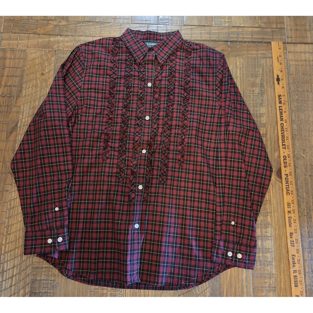 Ralph Lauren Shirt Womens L Button Front Down Ruffle Plaid Plus Preppy LRL Red
